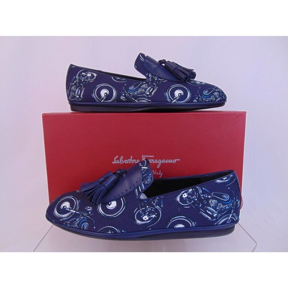NIB SALVATORE FERRAGAMO FINNEGAN BLUE MOTORCYCLE PRINT FABRIC TASSEL LOAFERS 10 main image 11